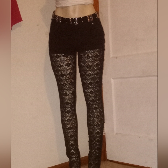 Black Twill/Lace Jeans/Leggings Sz 9 Cotton Spandex  4 Pocket NWOT New - Picture 1 of 7